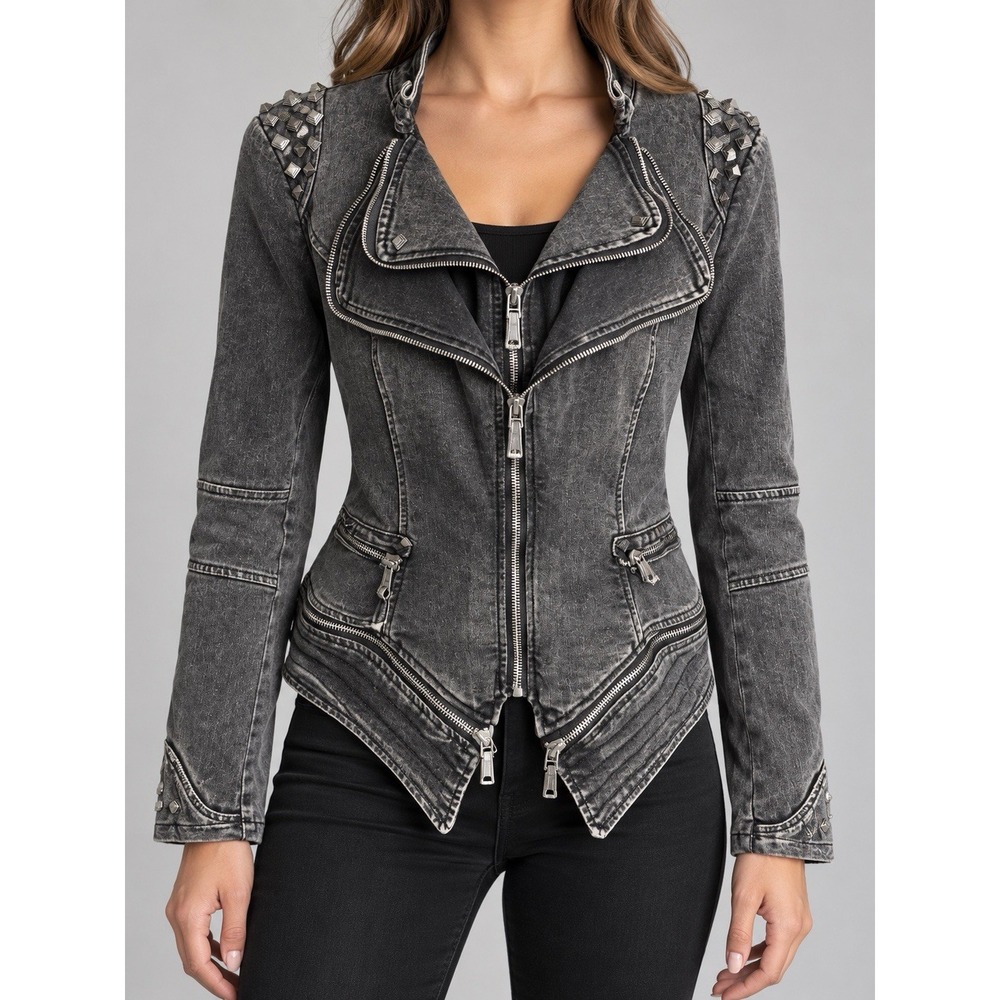 Fashion SX Womens Gray Washed Denim Studded Moto Jacket Zip Details Size XL